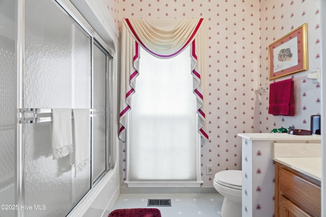 full bathroom with tile patterned floors, visible vents, toilet, wallpapered walls, and vanity