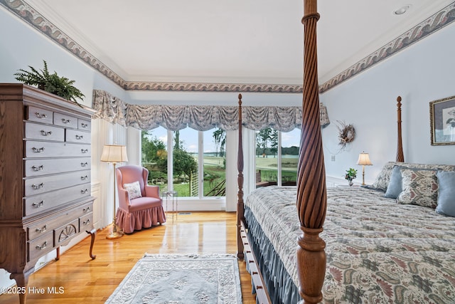 bedroom with access to exterior and light wood-style floors