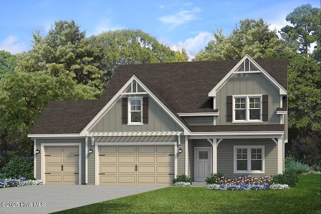 view of front of house with a front lawn, board and batten siding, driveway, and roof with shingles