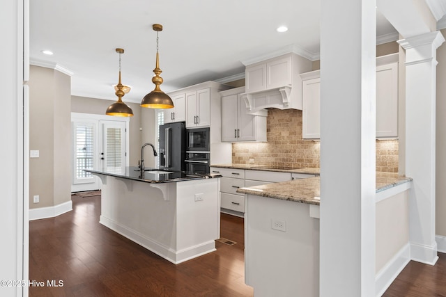 kitchen featuring black appliances, white cabinets, crown molding, and dark wood-style flooring