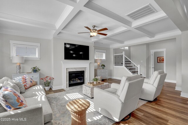410 Sugar Cv, Wilmington, NC 28411 - living area featuring coffered ceiling, a fireplace, ceiling fan, wood finished floors, and beam ceiling