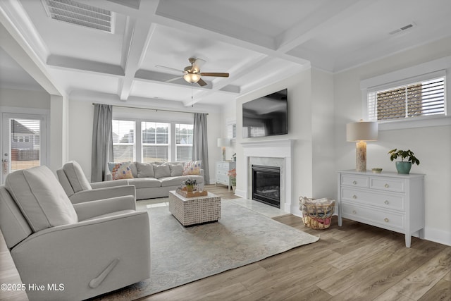 410 Sugar Cv, Wilmington, NC 28411 - living area with a ceiling fan, coffered ceiling, wood finished floors, a premium fireplace, and beam ceiling