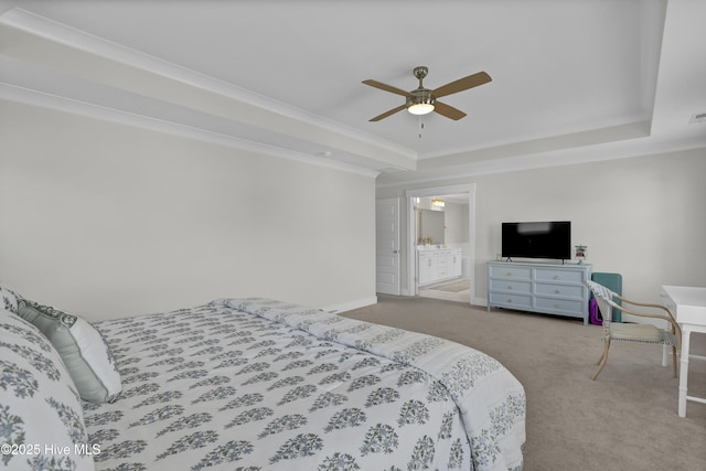 410 Sugar Cv, Wilmington, NC 28411 - bedroom featuring a raised ceiling, carpet flooring, a ceiling fan, and crown molding