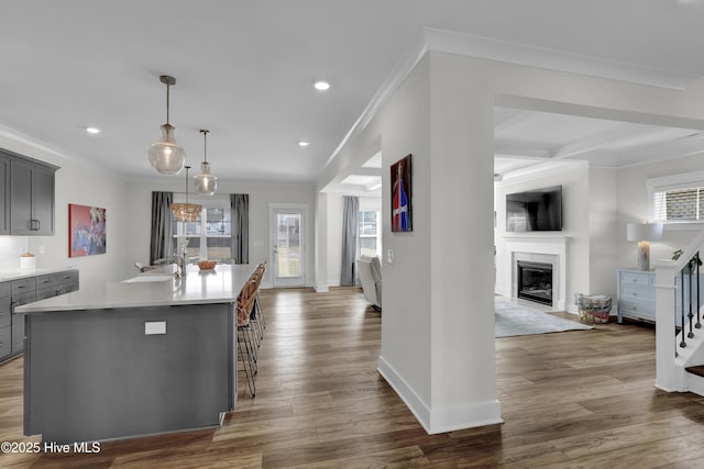 410 Sugar Cv, Wilmington, NC 28411 - kitchen featuring gray cabinets, crown molding, light countertops, a glass covered fireplace, and open floor plan