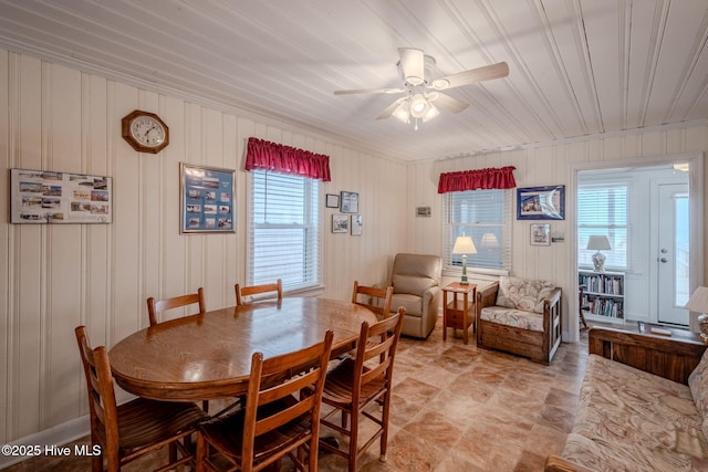 107 Carolina Beach Ave S, Carolina Beach, NC 28428 - dining room featuring a ceiling fan and wooden ceiling