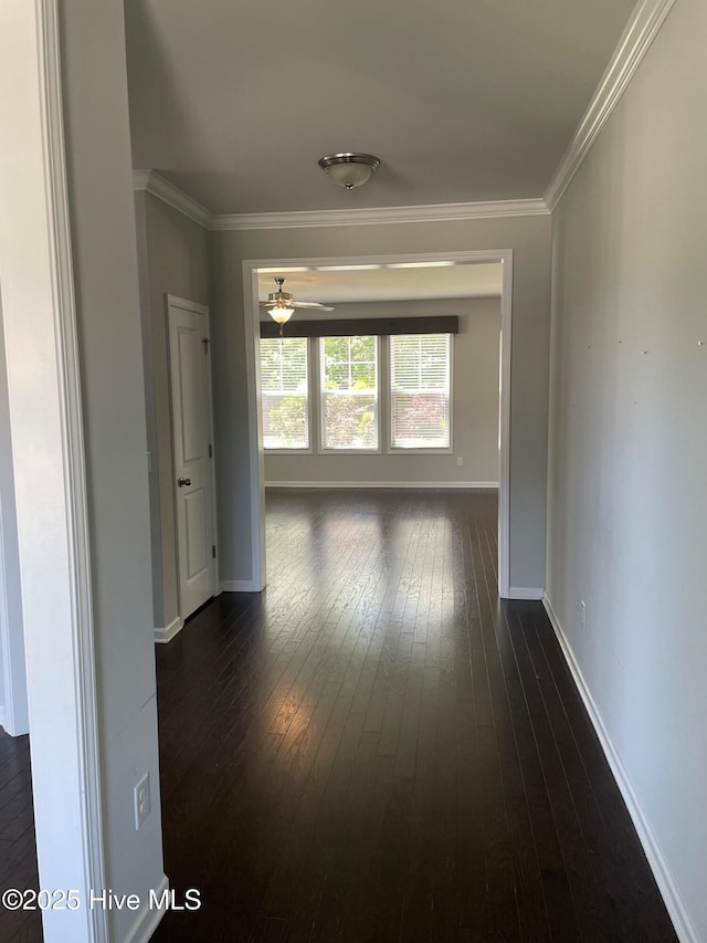 hallway featuring crown molding, baseboards, and dark wood-type flooring