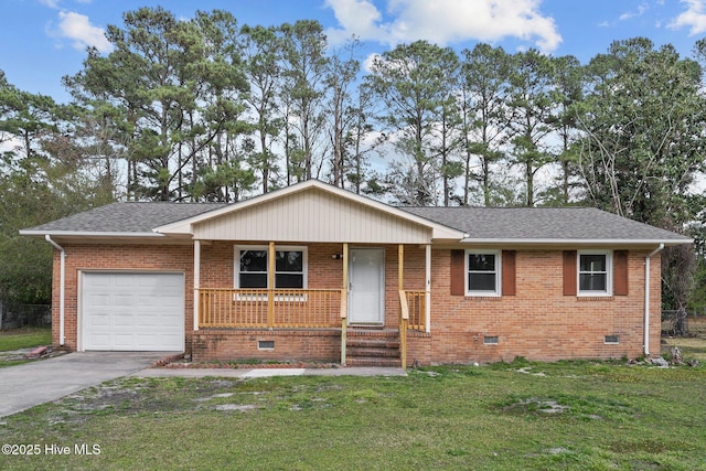 single story home with driveway, a front lawn, a porch, an attached garage, and crawl space