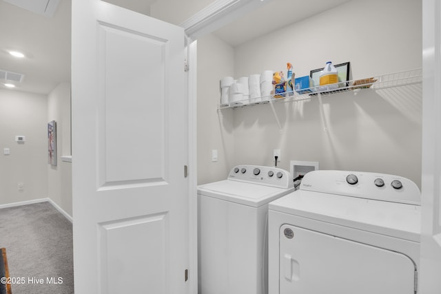 3659 Roseblossom Dr, Leland, NC 28451 - laundry area featuring carpet, visible vents, baseboards, laundry area, and washing machine and dryer
