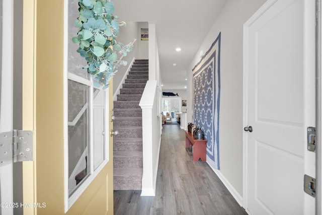 3659 Roseblossom Dr, Leland, NC 28451 - foyer featuring stairway, recessed lighting, and wood finished floors