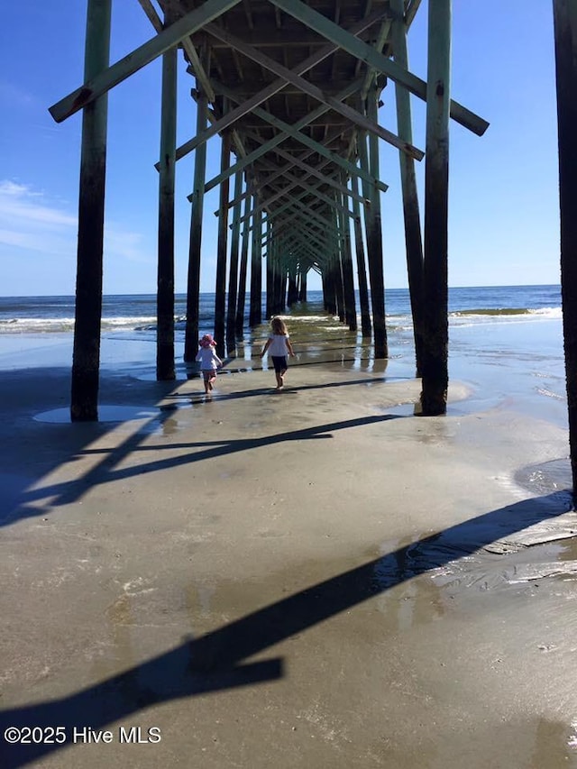 view of home's community featuring a pier and a water view