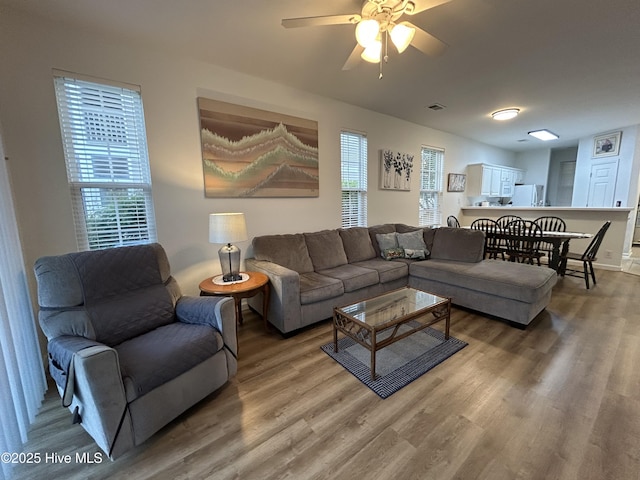 living room featuring plenty of natural light, a ceiling fan, and light wood-type flooring