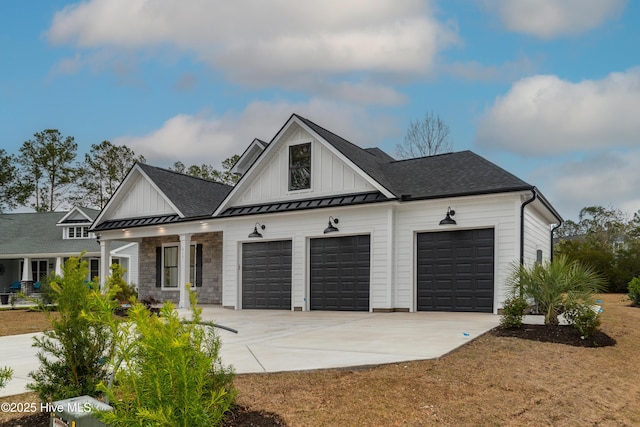 modern inspired farmhouse with driveway, an attached garage, board and batten siding, and roof with shingles