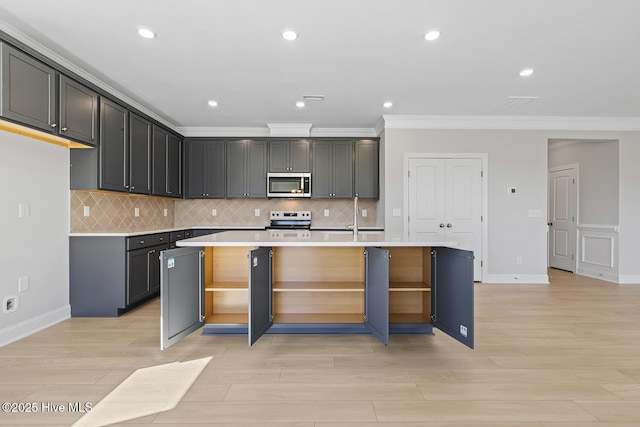 3700 Cessna Way W, Wilson, NC 27896 - kitchen featuring stainless steel microwave, electric range oven, open shelves, crown molding, and light countertops