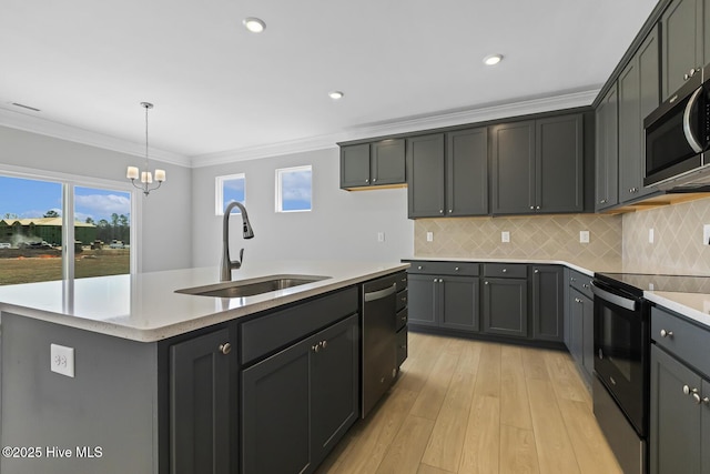 3700 Cessna Way W, Wilson, NC 27896 - kitchen with appliances with stainless steel finishes, a sink, light wood-style flooring, a kitchen island with sink, and ornamental molding