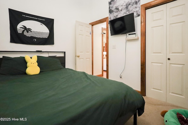 bedroom featuring carpet flooring and a closet