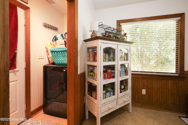 interior space featuring wooden walls, carpet floors, and wainscoting