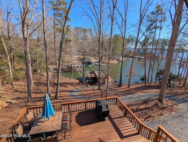 wooden terrace with a water view and a boat dock