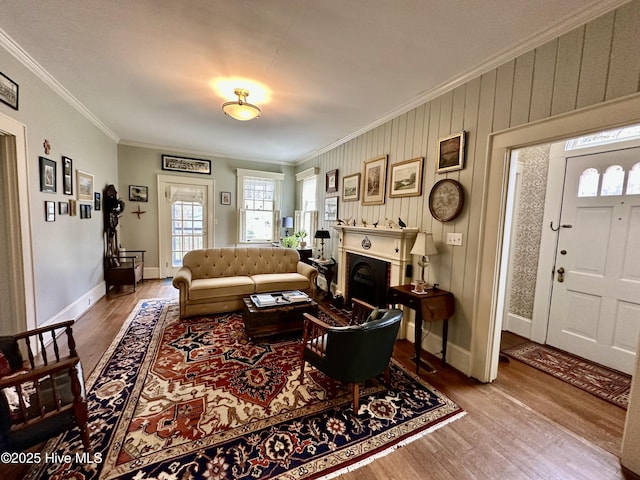 204 N Granville St, Edenton, NC 27932 - living room with baseboards, wood finished floors, a fireplace, and ornamental molding