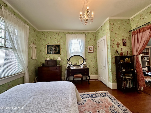 204 N Granville St, Edenton, NC 27932 - bedroom featuring wallpapered walls, crown molding, wood finished floors, and a chandelier