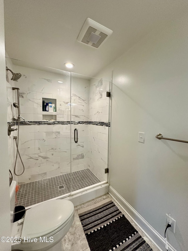 204 N Granville St, Edenton, NC 27932 - bathroom featuring baseboards, visible vents, recessed lighting, a shower stall, and toilet
