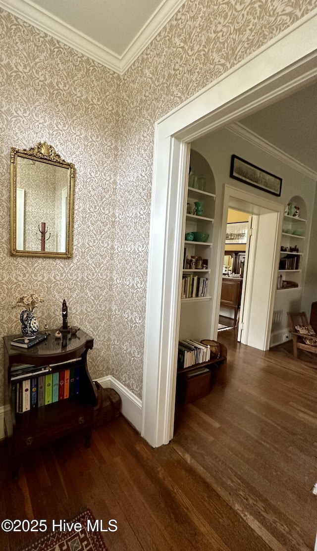 204 N Granville St, Edenton, NC 27932 - corridor with wallpapered walls, crown molding, baseboards, and wood finished floors
