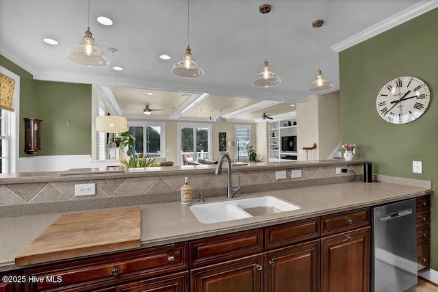 42 Harbour Village Ter, Hampstead, NC 28443 - kitchen featuring stainless steel dishwasher, ornamental molding, ceiling fan, and a sink