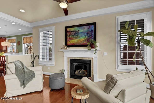 42 Harbour Village Ter, Hampstead, NC 28443 - living area featuring a high end fireplace, crown molding, baseboards, wood finished floors, and a ceiling fan