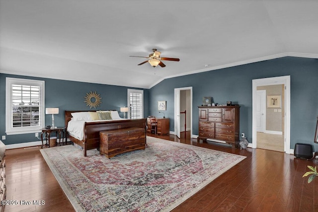 42 Harbour Village Ter, Hampstead, NC 28443 - bedroom with ornamental molding, a ceiling fan, dark wood finished floors, baseboards, and vaulted ceiling
