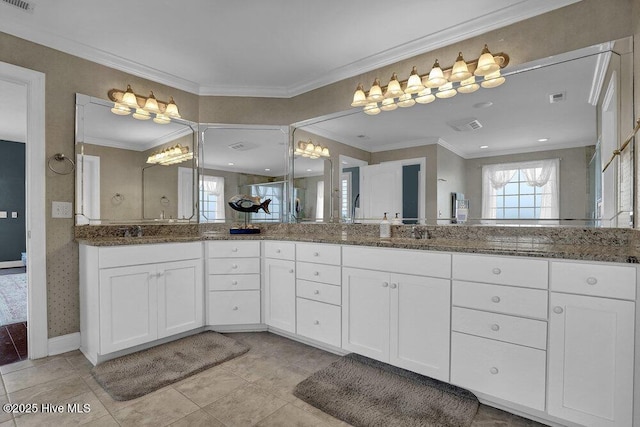 42 Harbour Village Ter, Hampstead, NC 28443 - full bath with tile patterned flooring, visible vents, a chandelier, and ornamental molding