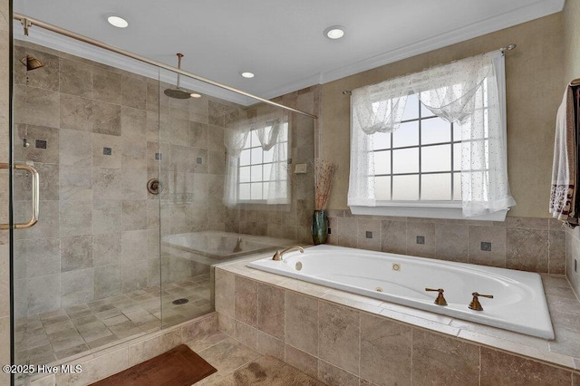 42 Harbour Village Ter, Hampstead, NC 28443 - full bath with recessed lighting, a tub with jets, a shower stall, and crown molding