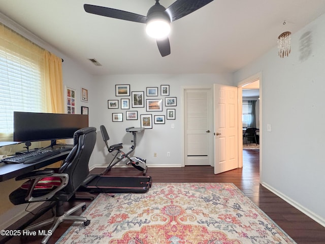 310 Wimbledon Ct, Wilmington, NC 28412 - office area featuring a ceiling fan, dark wood finished floors, and baseboards