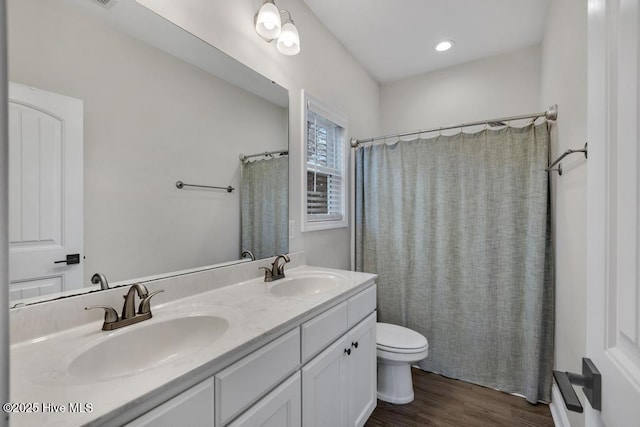 bathroom with a sink, double vanity, toilet, and wood finished floors