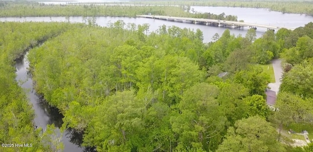 aerial view featuring a forest view and a water view