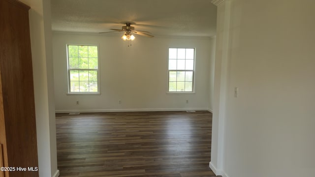 spare room with a wealth of natural light, a ceiling fan, a textured ceiling, and baseboards