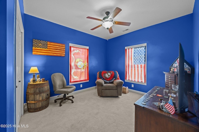 115 Marie Ct, Havelock, NC 28532 - interior space with carpet flooring, baseboards, a ceiling fan, and visible vents