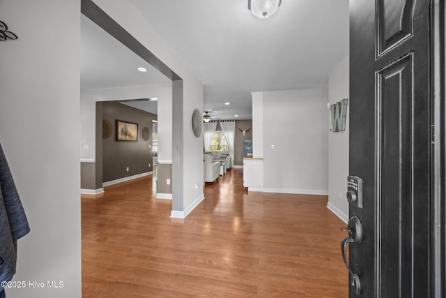 115 Marie Ct, Havelock, NC 28532 - foyer entrance with light wood finished floors, baseboards, a ceiling fan, and recessed lighting