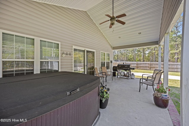 115 Marie Ct, Havelock, NC 28532 - view of patio with a ceiling fan, fence, area for grilling, and a hot tub