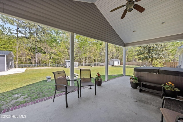 115 Marie Ct, Havelock, NC 28532 - view of patio with an outdoor structure, a fenced backyard, a ceiling fan, and a shed