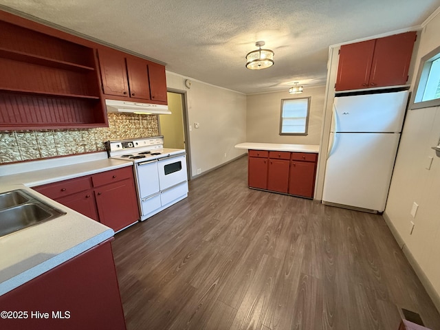 16980 Barnes Dr, Laurinburg, NC 28352 - kitchen with white appliances, under cabinet range hood, light countertops, dark wood-style floors, and a textured ceiling