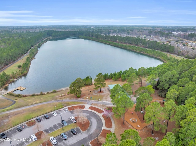 birds eye view of property with a forest view and a water view