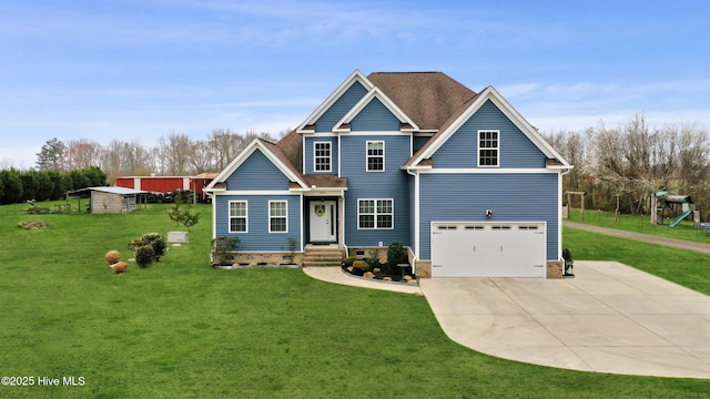 craftsman inspired home featuring an attached garage, driveway, and a front yard