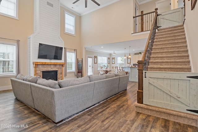 living room featuring stairs, ornamental molding, dark wood-type flooring, and a fireplace