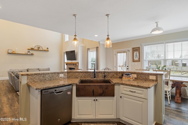 kitchen featuring open floor plan, stainless steel dishwasher, a sink, and a healthy amount of sunlight