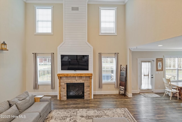 living area featuring a fireplace, dark wood finished floors, a high ceiling, and ornamental molding