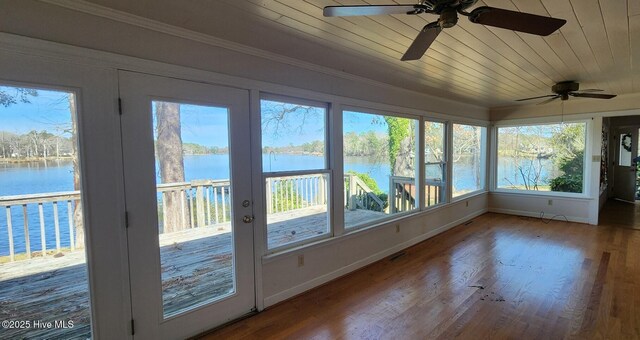 6693 NC-92, Bath, NC 27808 - unfurnished sunroom featuring wood ceiling, visible vents, wood finished floors, and a water view