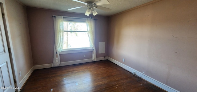 6693 NC-92, Bath, NC 27808 - empty room featuring crown molding, baseboards, a textured ceiling, a ceiling fan, and dark wood-style flooring