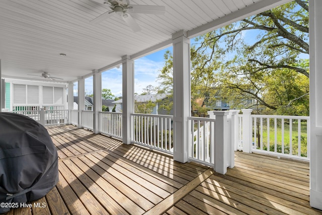 604 Fourth St S, Carolina Beach, NC 28428 - wooden terrace featuring a ceiling fan and grilling area
