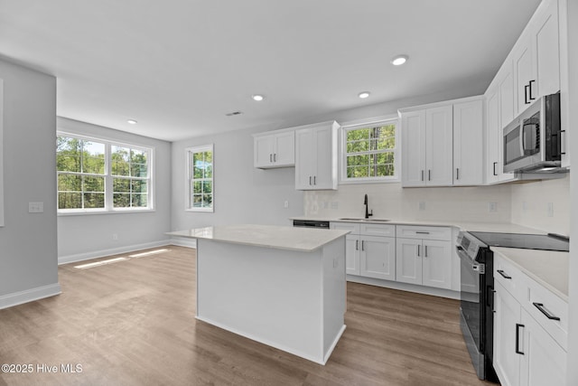 1007 Tawney Trce, New Bern, NC 28562 - kitchen with stainless steel microwave, black electric range oven, light wood-style flooring, light countertops, and recessed lighting