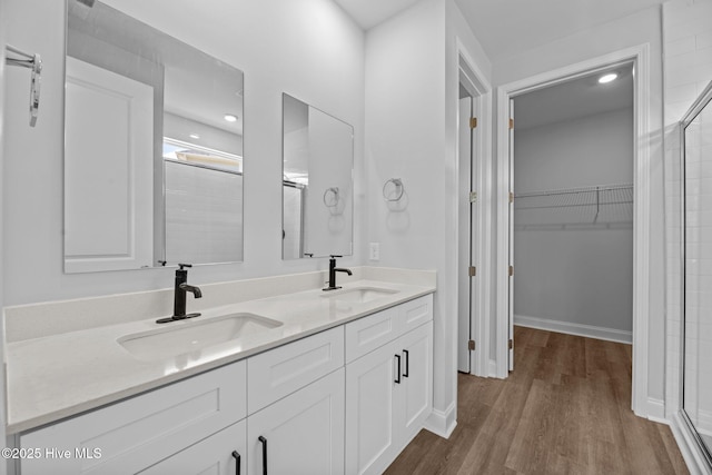 1007 Tawney Trce, New Bern, NC 28562 - bathroom with wood finished floors, a spacious closet, double vanity, and an enclosed shower