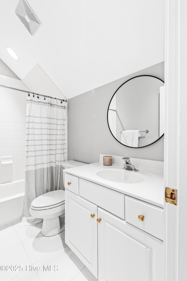6932 Runningbrook Ter, Wilmington, NC 28411 - bathroom featuring vanity, lofted ceiling, and shower / bathtub combination with curtain